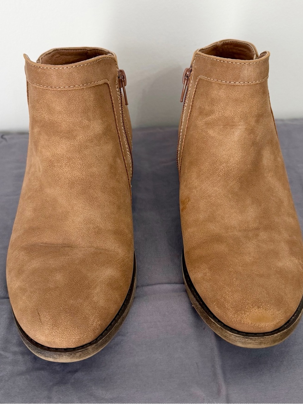 Maurices Tan Faux Suede Ankle Booties Side Zip Block Heel